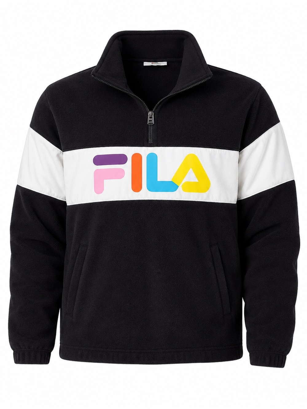 FILA Colorblock Fleece Quarter Zip Pullover Jacket Black White Rainbow Logo XXL